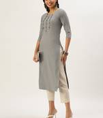 women's calf length round neck grey solid straight kurta