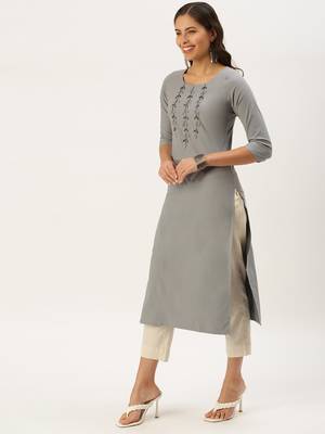 women's calf length round neck grey solid straight kurta 2