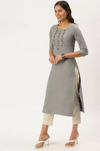 women's calf length round neck grey solid straight kurta