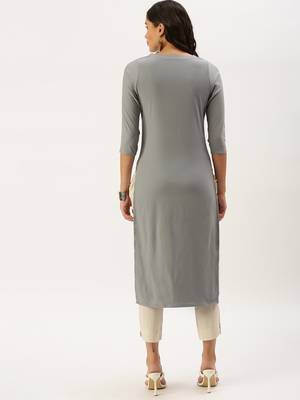 women's calf length round neck grey solid straight kurta 3