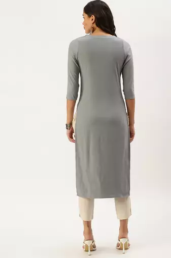 women's calf length round neck grey solid straight kurta
