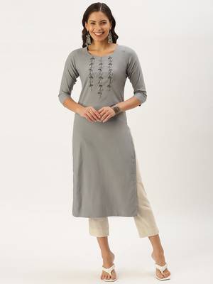 women's calf length round neck grey solid straight kurta 4