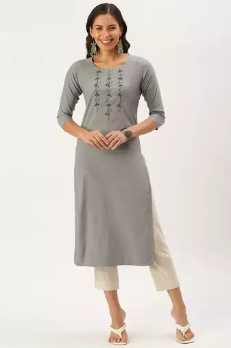 women's calf length round neck grey solid straight kurta