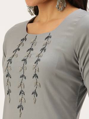 women's calf length round neck grey solid straight kurta 5