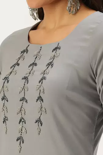 women's calf length round neck grey solid straight kurta