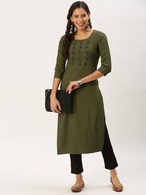women's calf length round neck olive solid straight kurta 1
