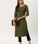 women's calf length round neck olive solid straight kurta