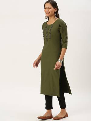 women's calf length round neck olive solid straight kurta 2