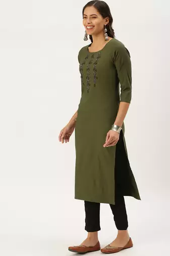 women's calf length round neck olive solid straight kurta