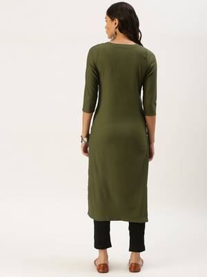women's calf length round neck olive solid straight kurta 3