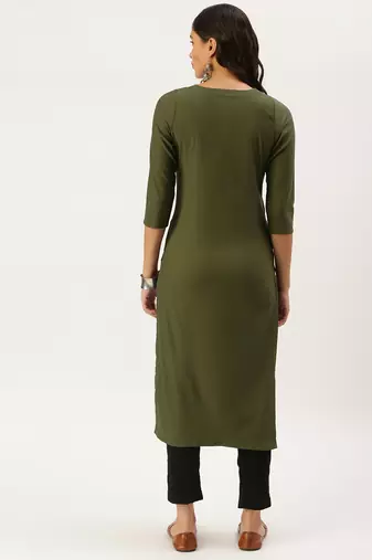 women's calf length round neck olive solid straight kurta