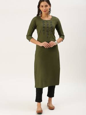 women's calf length round neck olive solid straight kurta 4