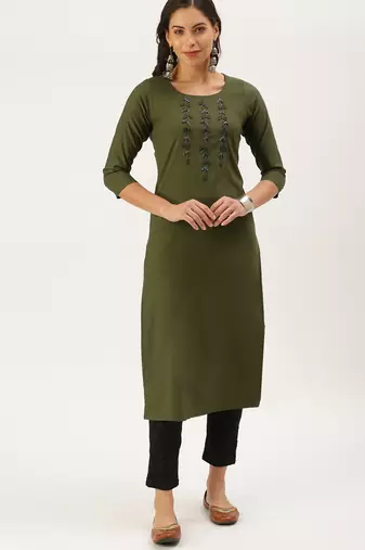 women's calf length round neck olive solid straight kurta