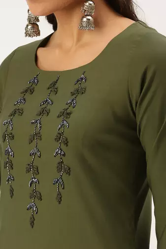 women's calf length round neck olive solid straight kurta