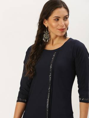 women's calf length round neck navy blue solid straight kurta 1