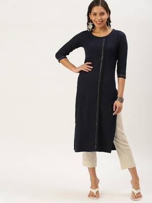 women's calf length round neck navy blue solid straight kurta 2