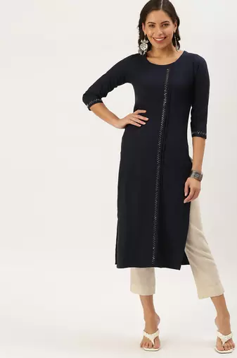 women's calf length round neck navy blue solid straight kurta