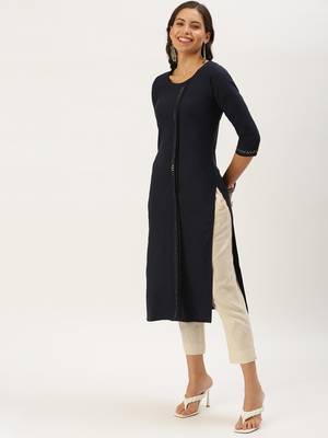 women's calf length round neck navy blue solid straight kurta 3