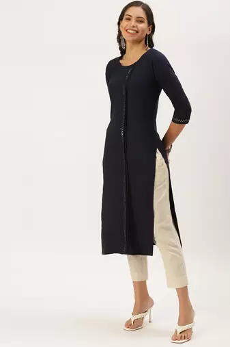 women's calf length round neck navy blue solid straight kurta