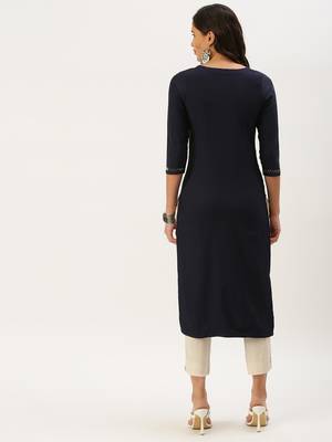 women's calf length round neck navy blue solid straight kurta 4