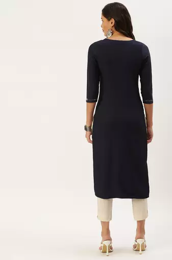 women's calf length round neck navy blue solid straight kurta