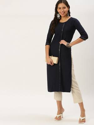 women's calf length round neck navy blue solid straight kurta 5