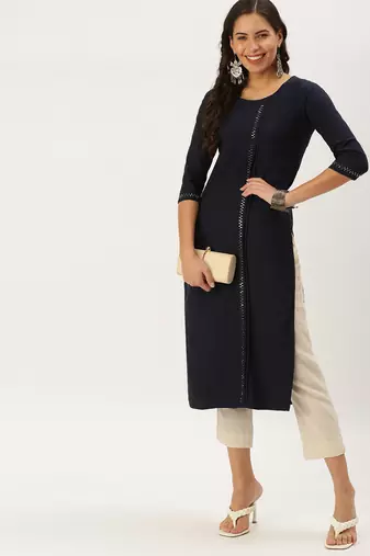 women's calf length round neck navy blue solid straight kurta