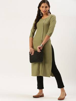 women's calf length round neck olive solid straight kurta 1