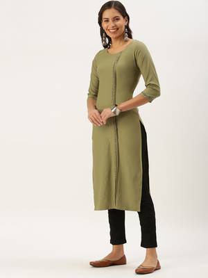 women's calf length round neck olive solid straight kurta 2