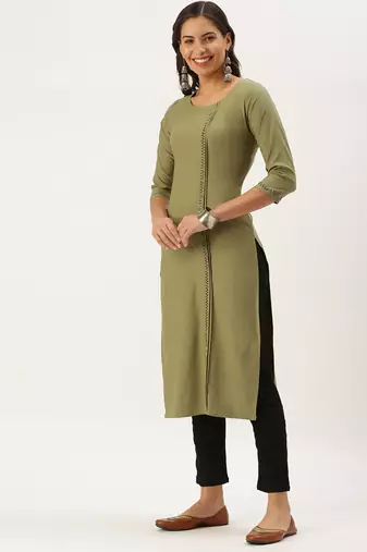 women's calf length round neck olive solid straight kurta