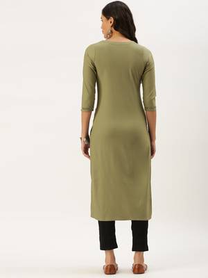 women's calf length round neck olive solid straight kurta 3