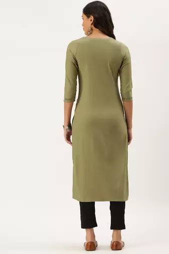 women's calf length round neck olive solid straight kurta