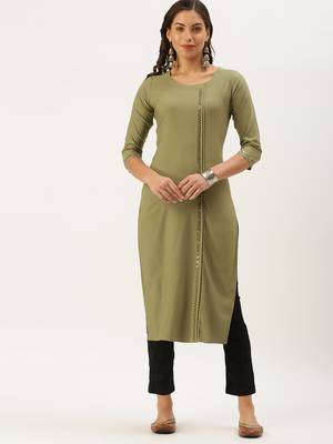 women's calf length round neck olive solid straight kurta 4