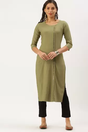 women's calf length round neck olive solid straight kurta
