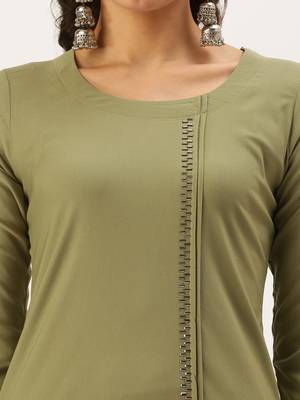 women's calf length round neck olive solid straight kurta 5