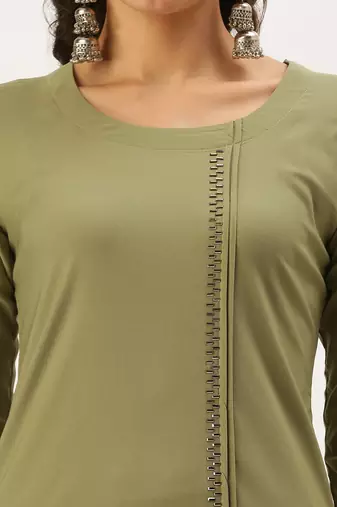 women's calf length round neck olive solid straight kurta