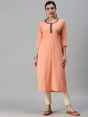women's ankle length round neck peach solid straight kurta 2