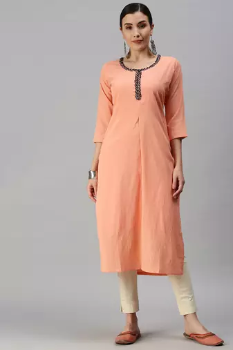 women's ankle length round neck peach solid straight kurta
