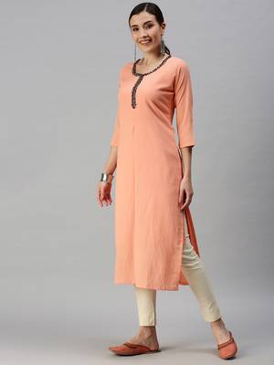 women's ankle length round neck peach solid straight kurta 3