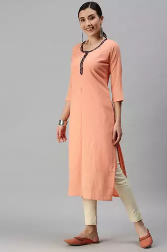 women's ankle length round neck peach solid straight kurta