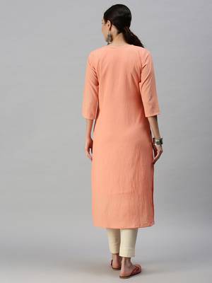 women's ankle length round neck peach solid straight kurta 4