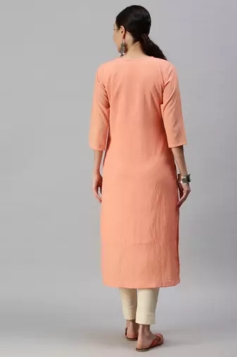 women's ankle length round neck peach solid straight kurta