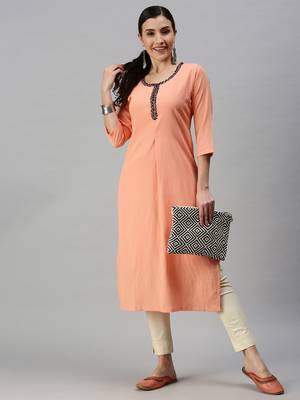 women's ankle length round neck peach solid straight kurta 5