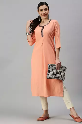 women's ankle length round neck peach solid straight kurta