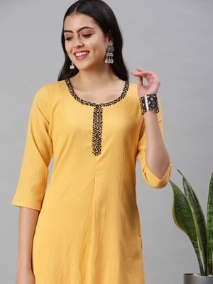 women's ankle length round neck yellow solid straight kurta 1