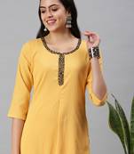 women's ankle length round neck yellow solid straight kurta