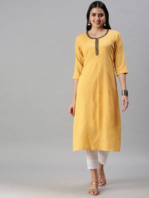 women's ankle length round neck yellow solid straight kurta 2