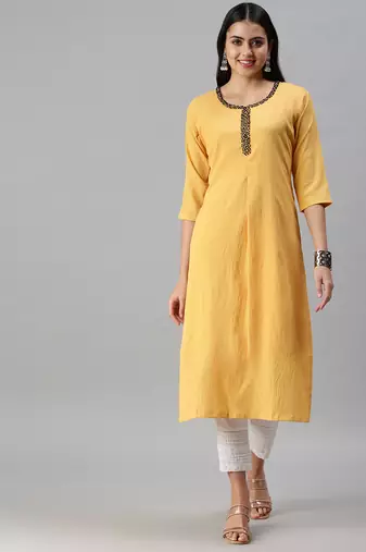 women's ankle length round neck yellow solid straight kurta