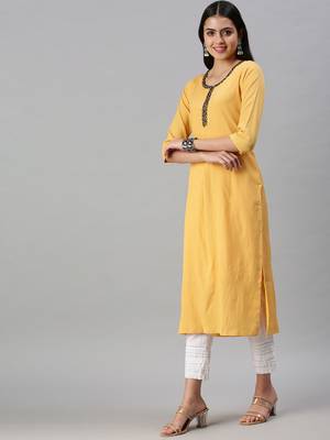 women's ankle length round neck yellow solid straight kurta 3