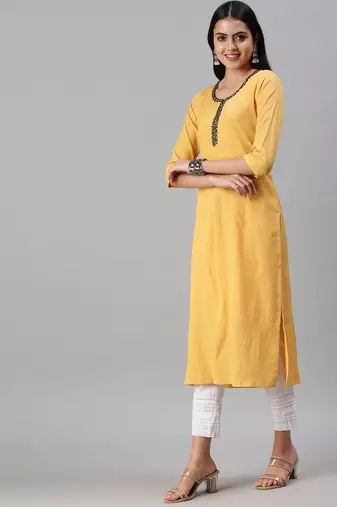 women's ankle length round neck yellow solid straight kurta